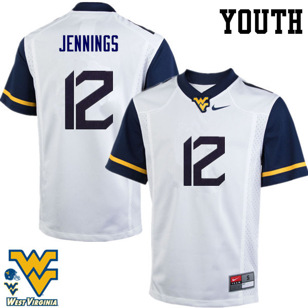 Youth #12 Gary Jennings West Virginia Mountaineers College Football Jerseys-White - Click Image to Close